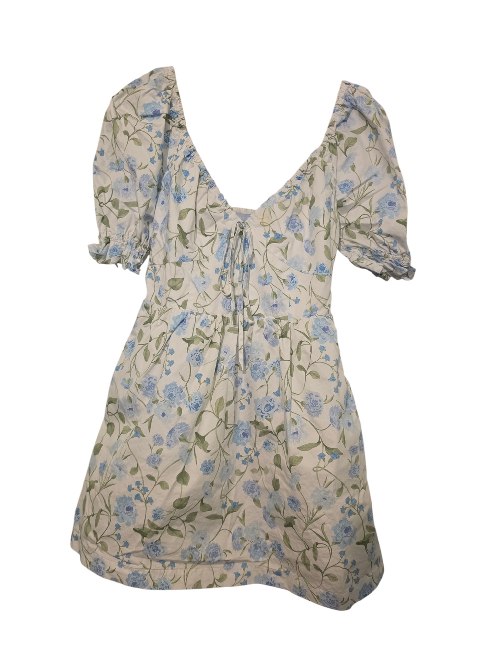 Floral V Neck Puff Sleeves Mini Dress - M (Flawed)